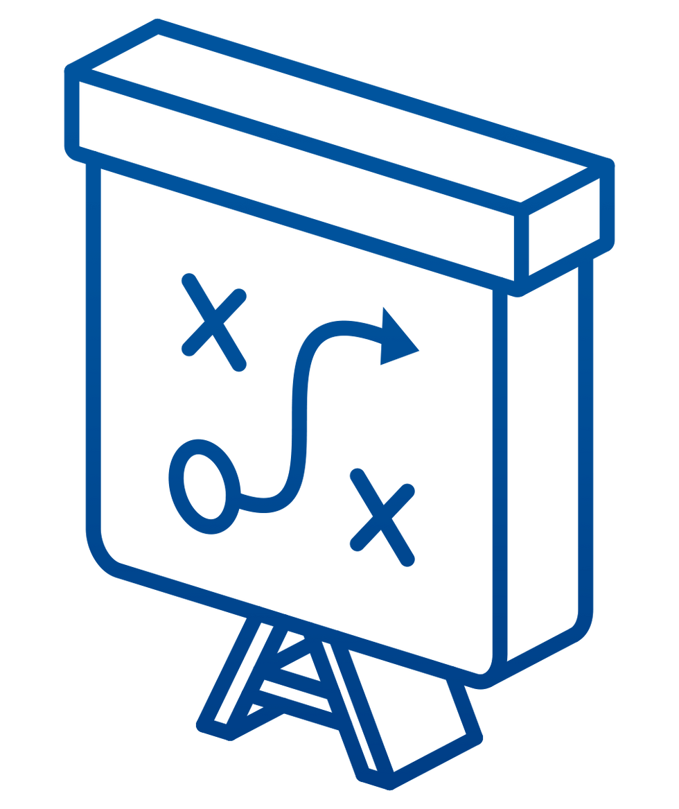 Dark blue isometric icon displying an easel with gameplay